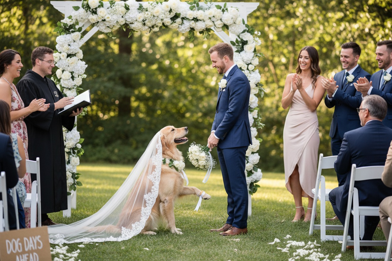 Złoty golden retriever w welonie ślubnym podaje łapę panu młodemu podczas ceremonii w plenerze.
